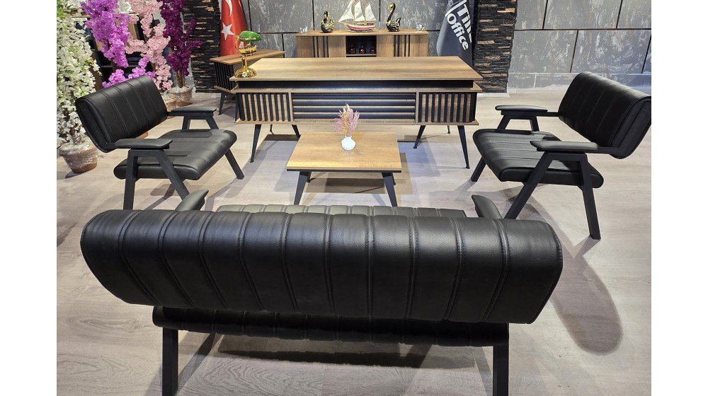 Tilia Setra modern yönetici ofis paketi; suntalam masa takımı, KNY makam koltuğu ve Lazer bekleme grubu dahil.